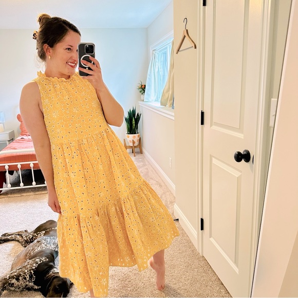 Sezane Dresses & Skirts - Sezane Yellow Floral Eyelet Tiered Cotton Maxi Dress Small